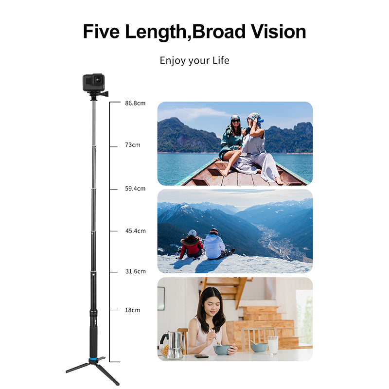 Uniqkart GP-MNP-090-S For GoPro Hero 8 Action Camera Aluminum Alloy Selfie Stick Extendable Handheld Telescope Pole Tripod Mount Stand