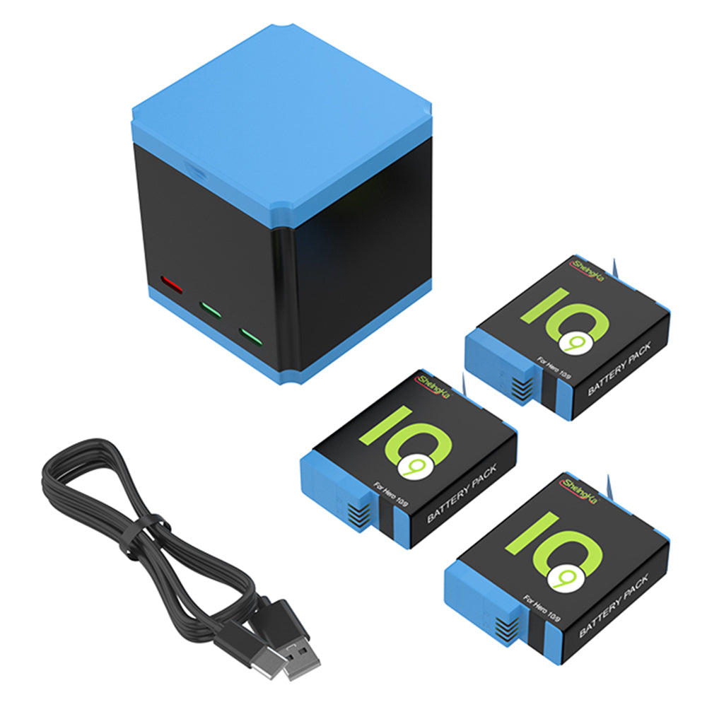 Uniqkart For GoPro Hero 10 / 9 Multi-protection Fast Charger Set (3 Batteries+1 Type-C Cable+1 Storage Charging Box)