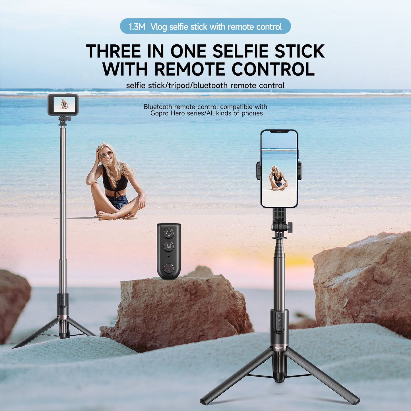 Uniqkart TE-RCSS-003 1.3m Aluminum Alloy Telescopic Selfie Stick Bluetooth Remote Control Camera Tripod for GoPro11 / 10