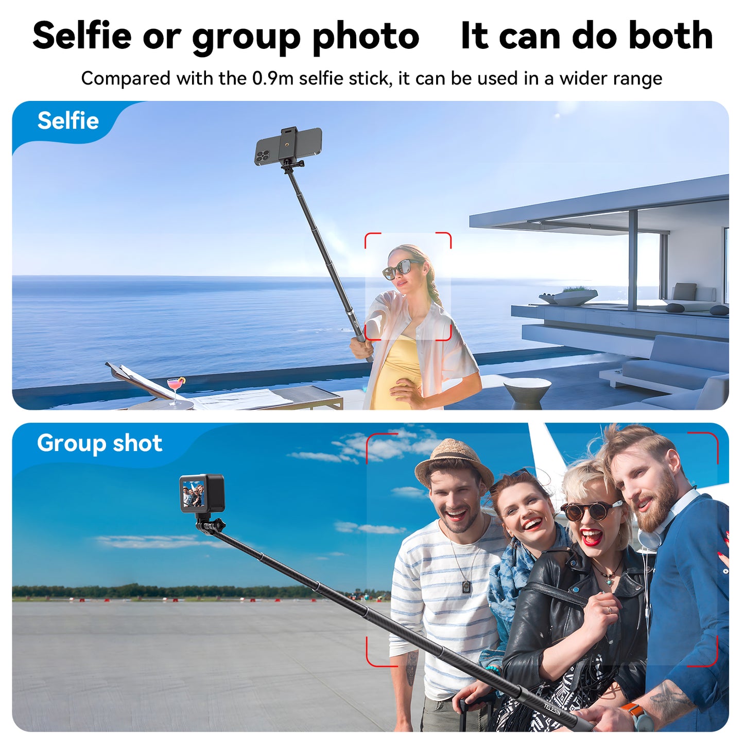 Uniqkart GP-MNP-002 1.2m Carbon Fiber Extendable Selfie Stick Lightweight Selfie Pole Compatible for GoPro Insta360 Cameras