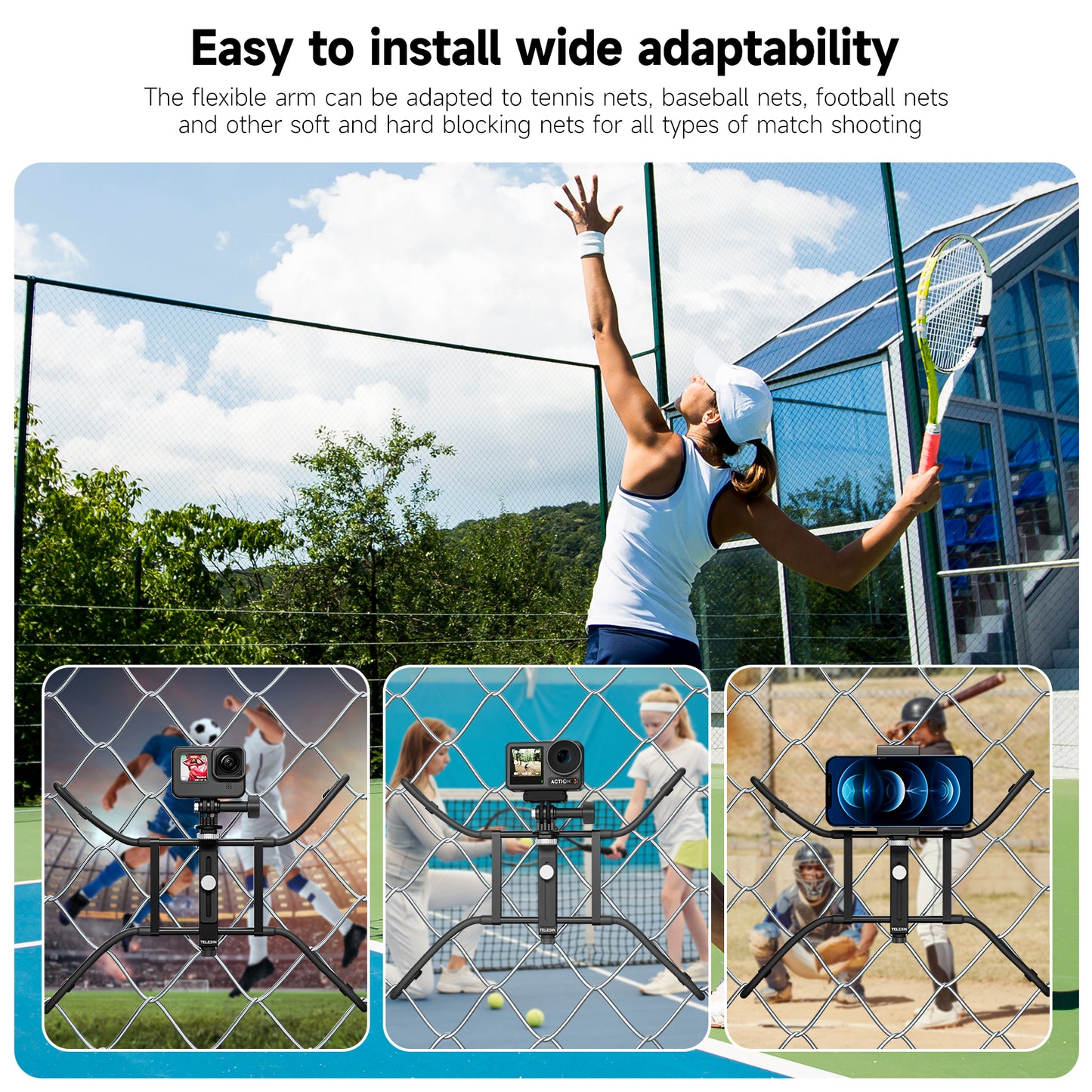 Uniqkart TE-FM-001 Aluminum Alloy Action Camera Hanging Net Bracket with Phone Clip