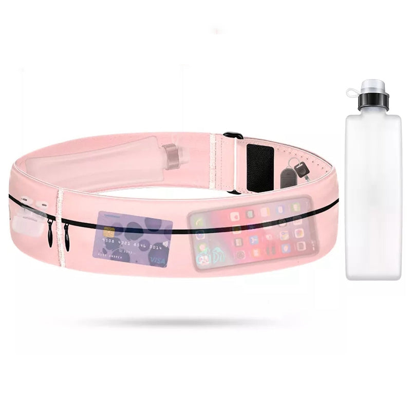Running Waist Pack Bag Sports Fitness 7.2 Inches Phone Holder Pouch with Water Bottle, Size L - Light Pink