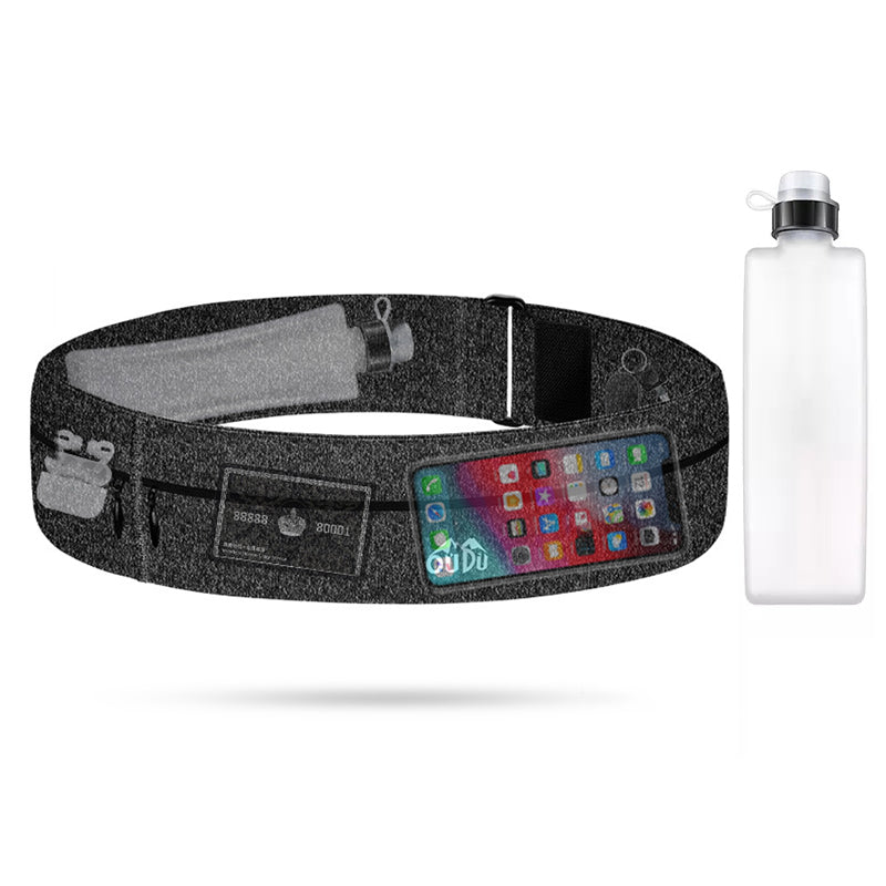 Running Waist Pack Bag Sports Fitness 7.2 Inches Phone Holder Pouch with Water Bottle, Size L - Melange Black