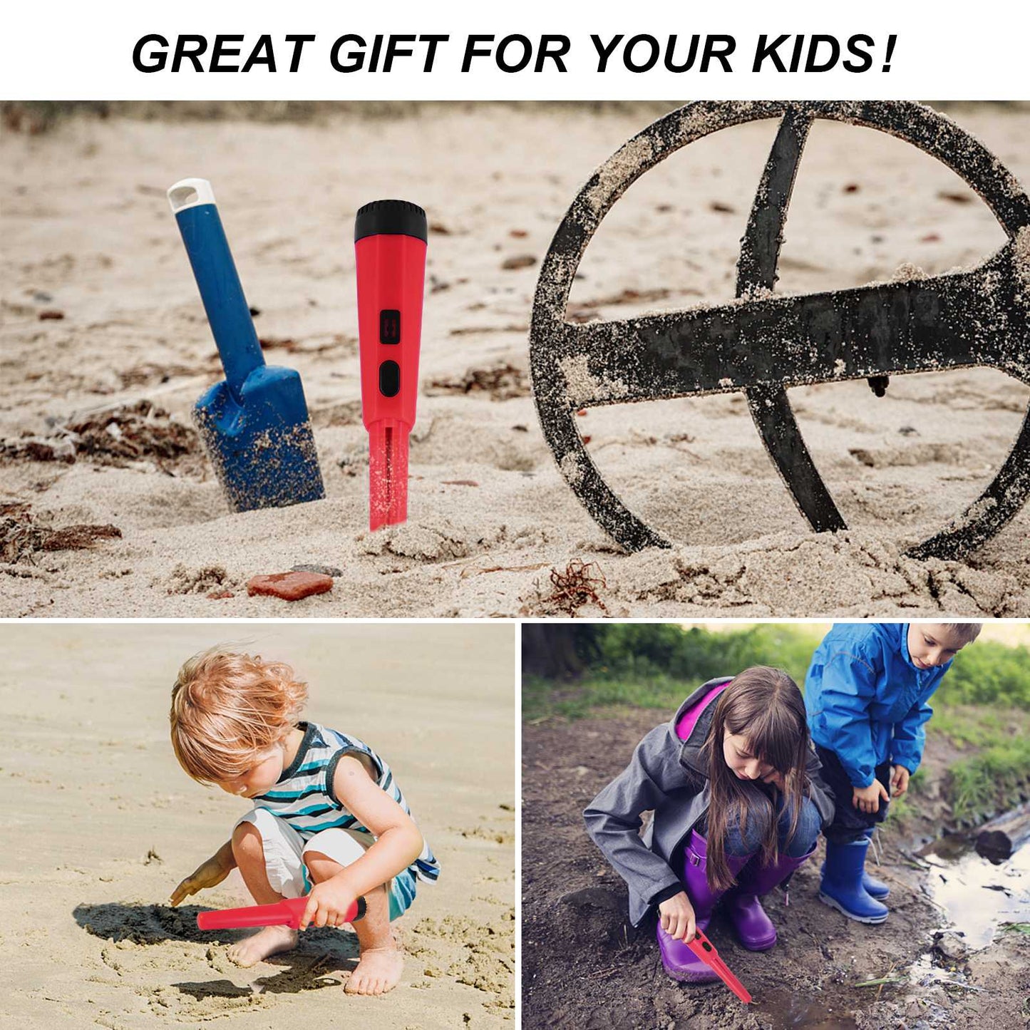 Handheld Metal Detector Pinpointer Portable Pin Pointer Wand Search Treasure Finder Probe with LCD Display for Adults Kids (No Battery, No Waterproof Bag) - Red