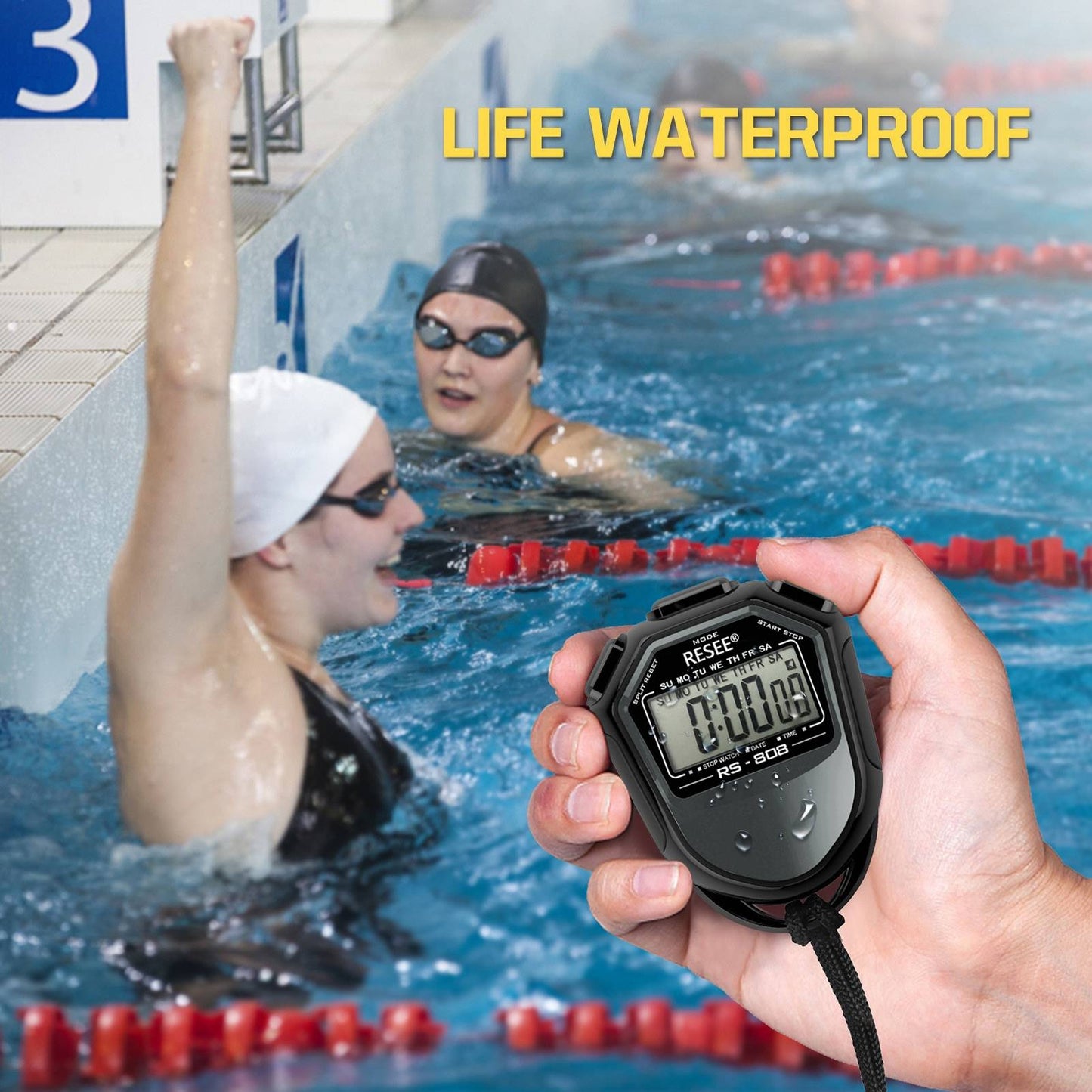 RESEE RS-808 Handheld Stopwatch LCD Screen Timer Swimming Running Sports Chronograph Counter with Lanyard