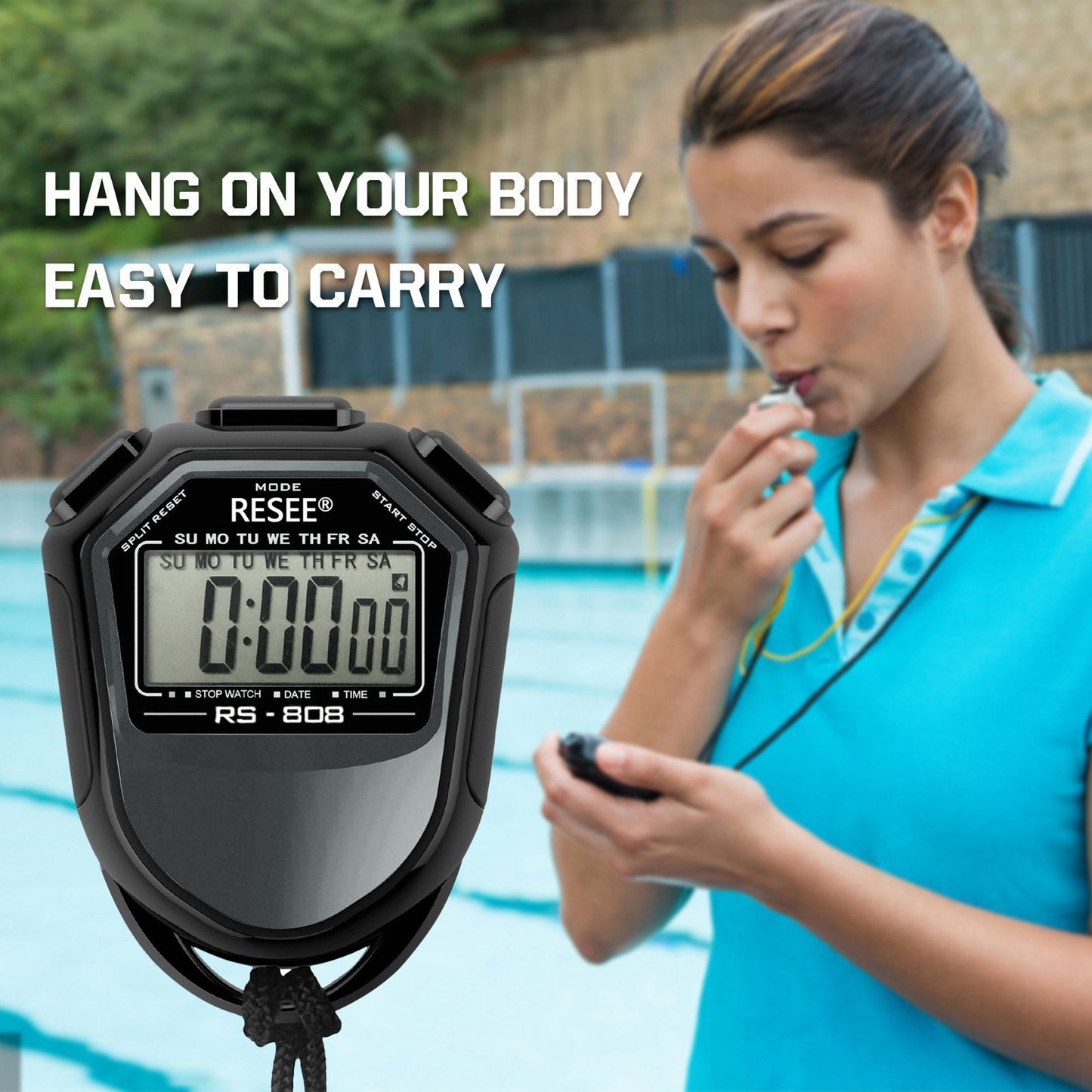 RESEE RS-808 Handheld Stopwatch LCD Screen Timer Swimming Running Sports Chronograph Counter with Lanyard