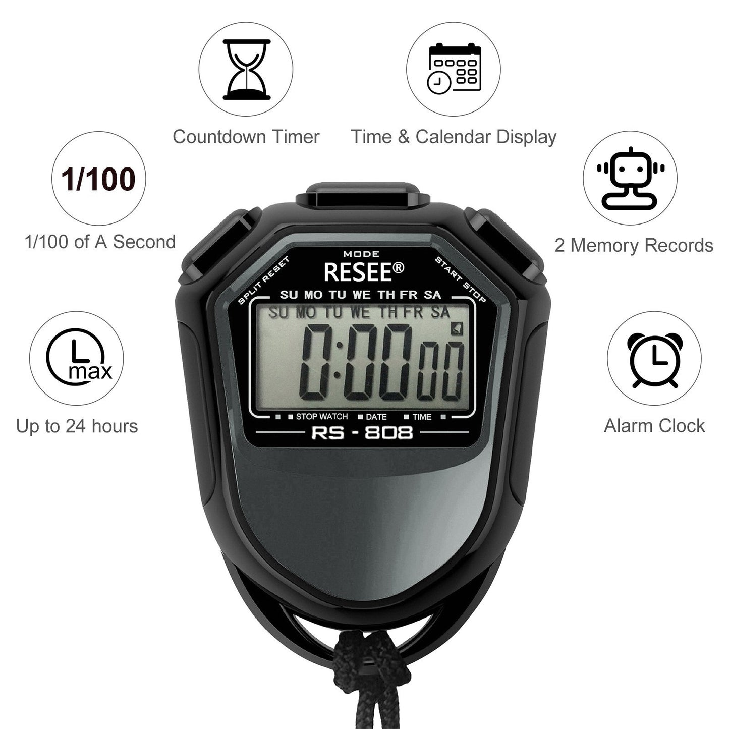 RESEE RS-808 Handheld Stopwatch LCD Screen Timer Swimming Running Sports Chronograph Counter with Lanyard