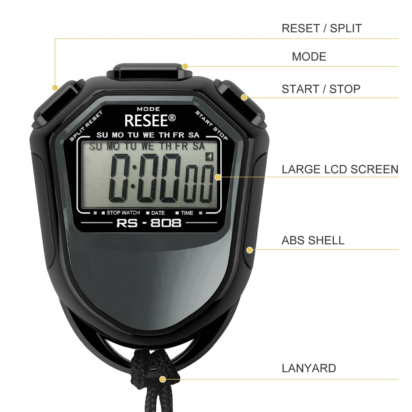 RESEE RS-808 Handheld Stopwatch LCD Screen Timer Swimming Running Sports Chronograph Counter with Lanyard