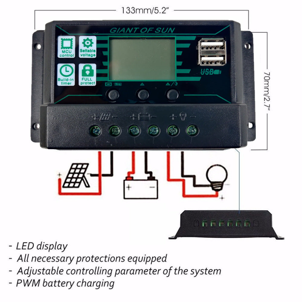 60A Solar Charge Controller DC 12V / 24V LCD Display Solar Panel Battery Intelligent Regulator with Dual USB Port