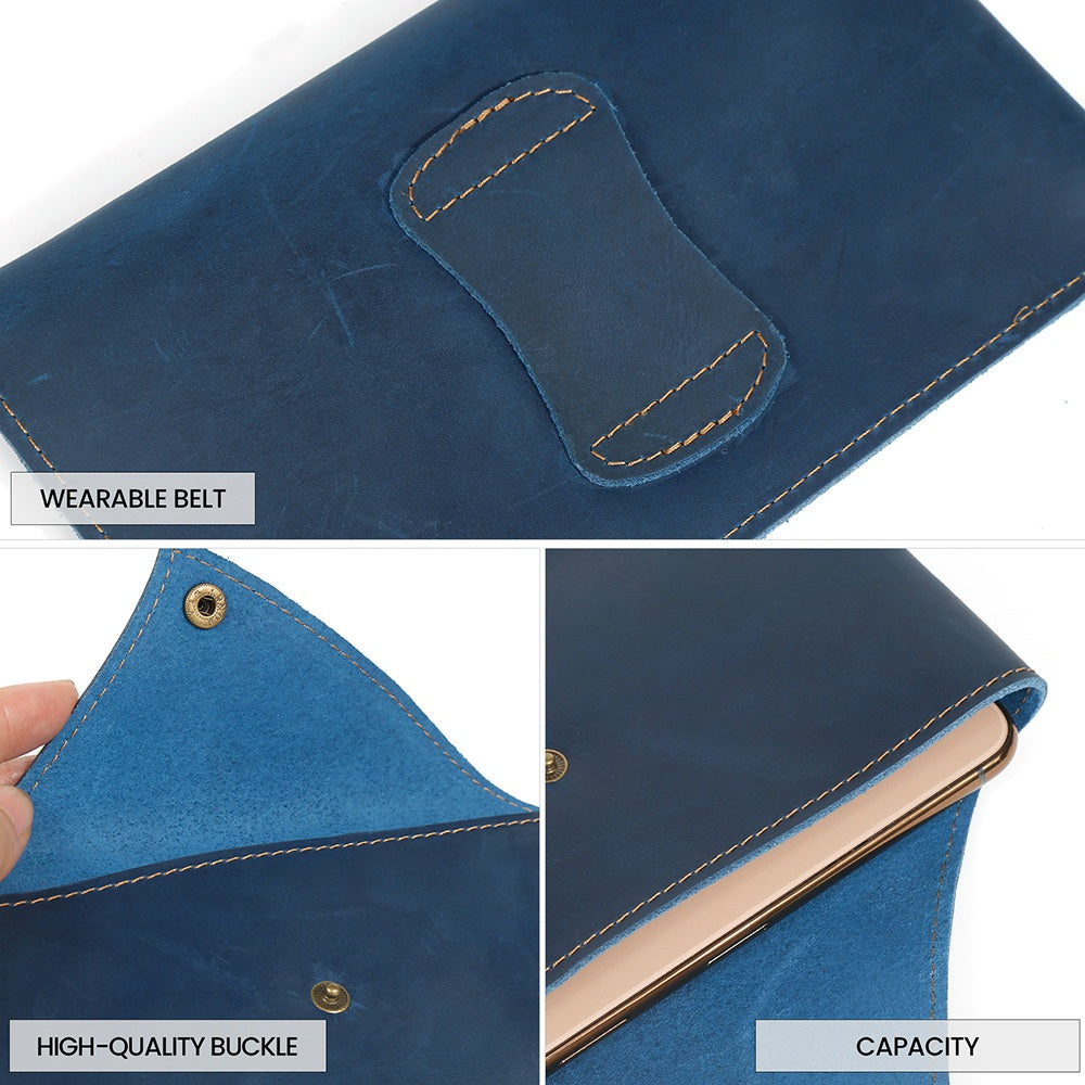 6546 Top Layer Cowhide Outdoor Tactical Sports Phone Waist Pouch Belt Hanging Bag - Blue