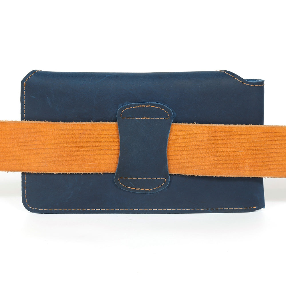 6546 Top Layer Cowhide Outdoor Tactical Sports Phone Waist Pouch Belt Hanging Bag - Blue