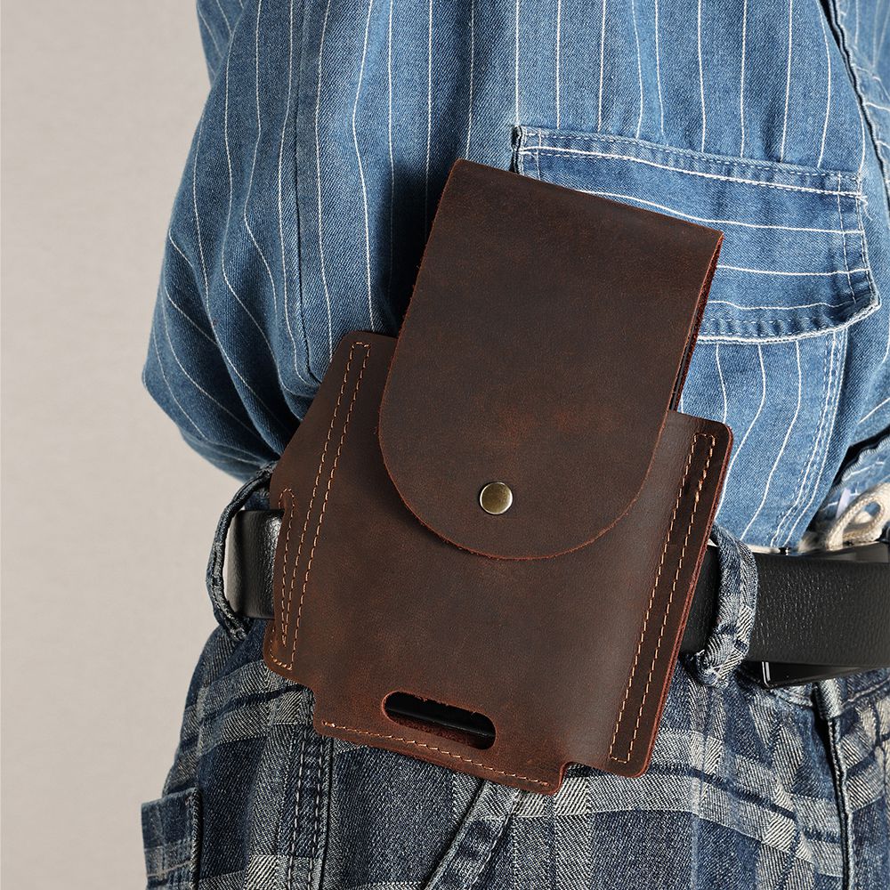 6571 Top Layer Cowhide Outdoor Sports Men Phone Storage Pouch Waist Belt Hanging Bag - Coffee