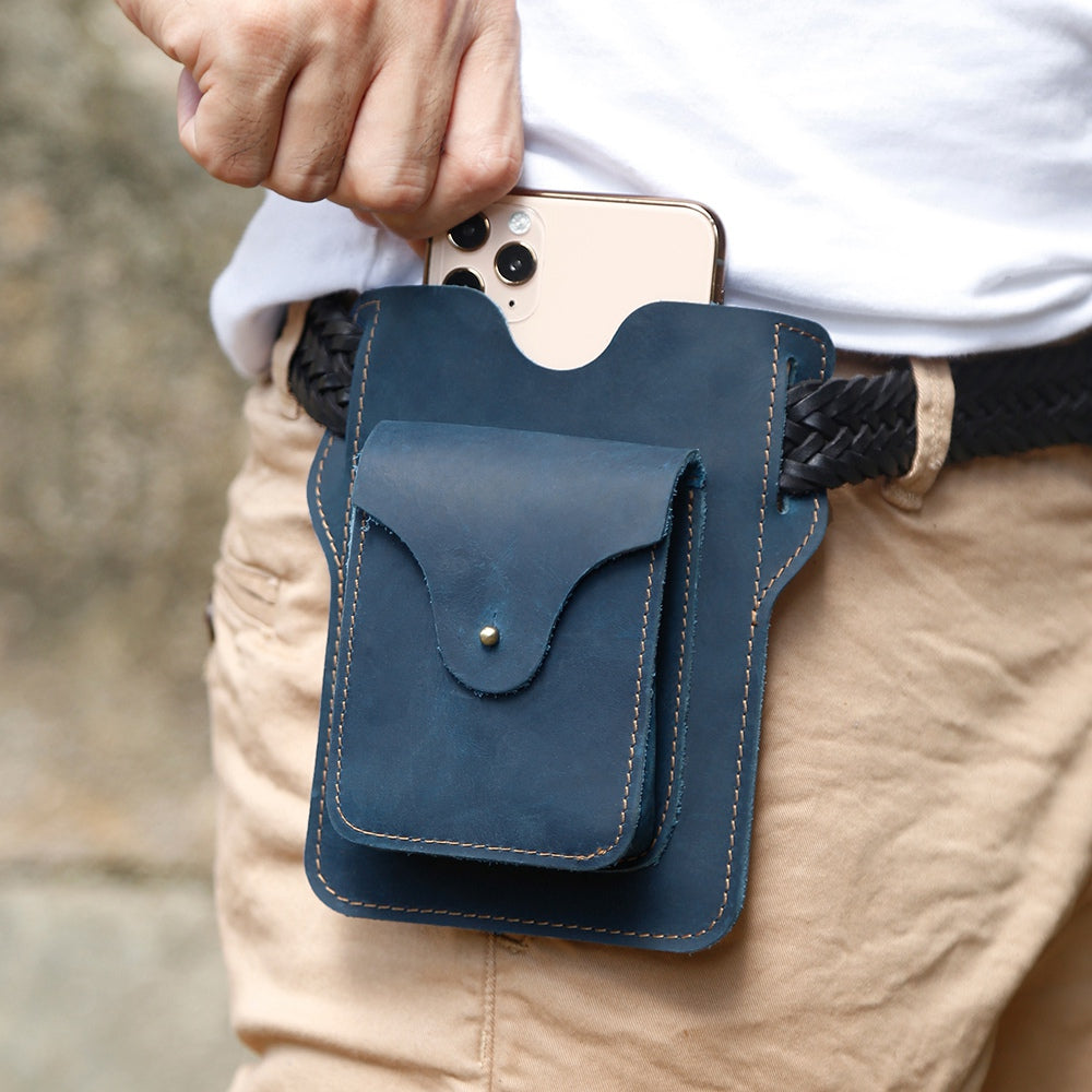 6545 Retro Top Layer Cowhide Outdoor Camping Hiking Men Phone Storage Pouch Waist Belt Hanging Bag - Blue