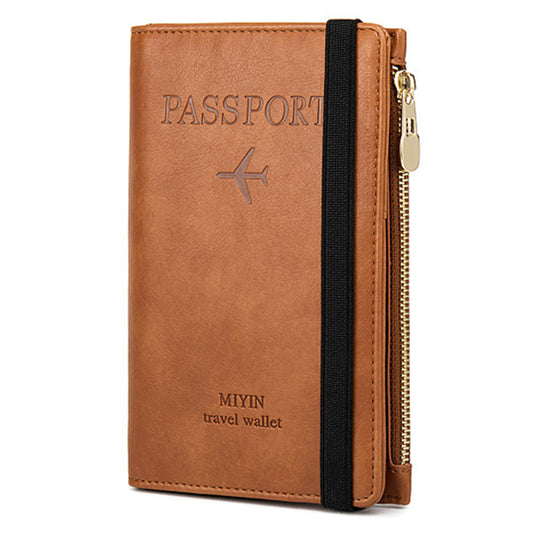 HZ702 Travel RFID Blocking Passport Storage Bag PU Leather Wallet Credit Cards Cash Ticket Holder Bag - Light Brown