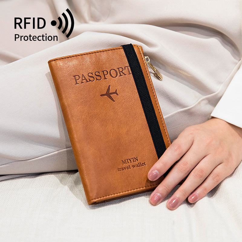 HZ702 Travel RFID Blocking Passport Storage Bag PU Leather Wallet Credit Cards Cash Ticket Holder Bag - Light Brown