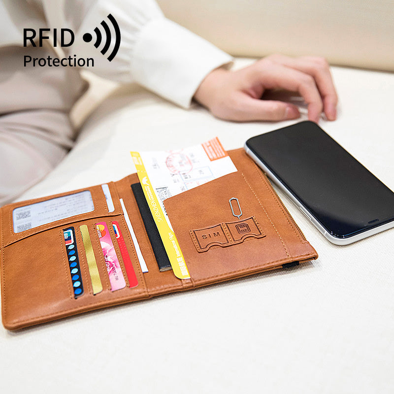 HZ702 Travel RFID Blocking Passport Storage Bag PU Leather Wallet Credit Cards Cash Ticket Holder Bag - Grey