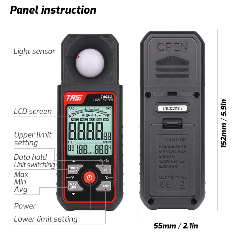 TASI TA631B Digital Light Meter Photography Luxmeter 0.1-300000LUX Illuminometer Lux / FC Measure Photometer Tester
