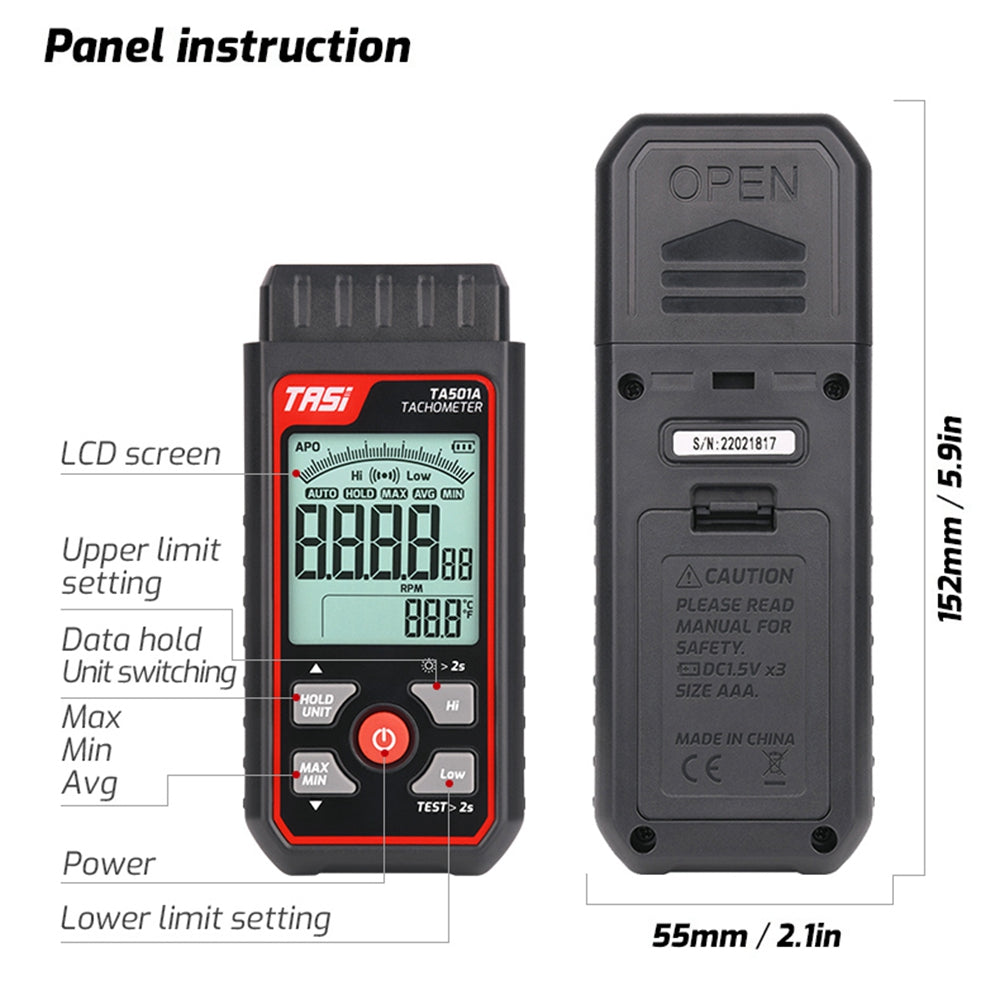 TASI TA501A Handheld Digital Tachometer 2.5-99999RPM Non-contact Rotation Speed Meter for Motors Fans