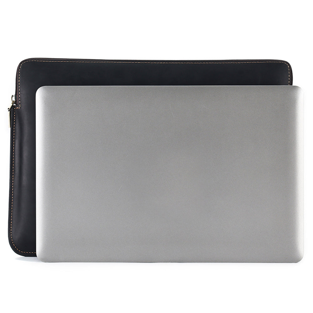 14-inch Laptop Bag Cowhide Leather Smooth Zipper Notebook Carrying Pouch with Hand Strap - Black
