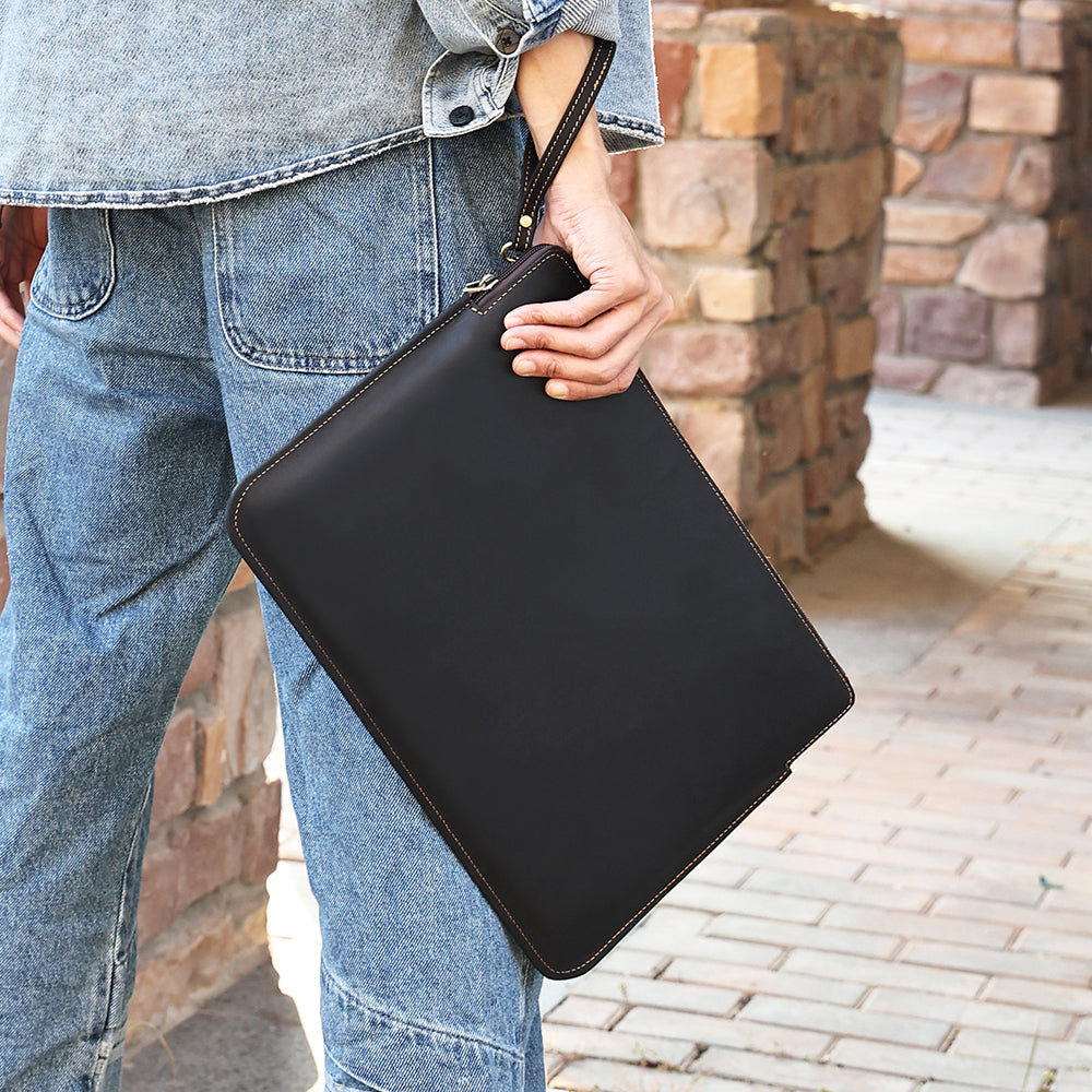 14-inch Laptop Bag Cowhide Leather Smooth Zipper Notebook Carrying Pouch with Hand Strap - Black