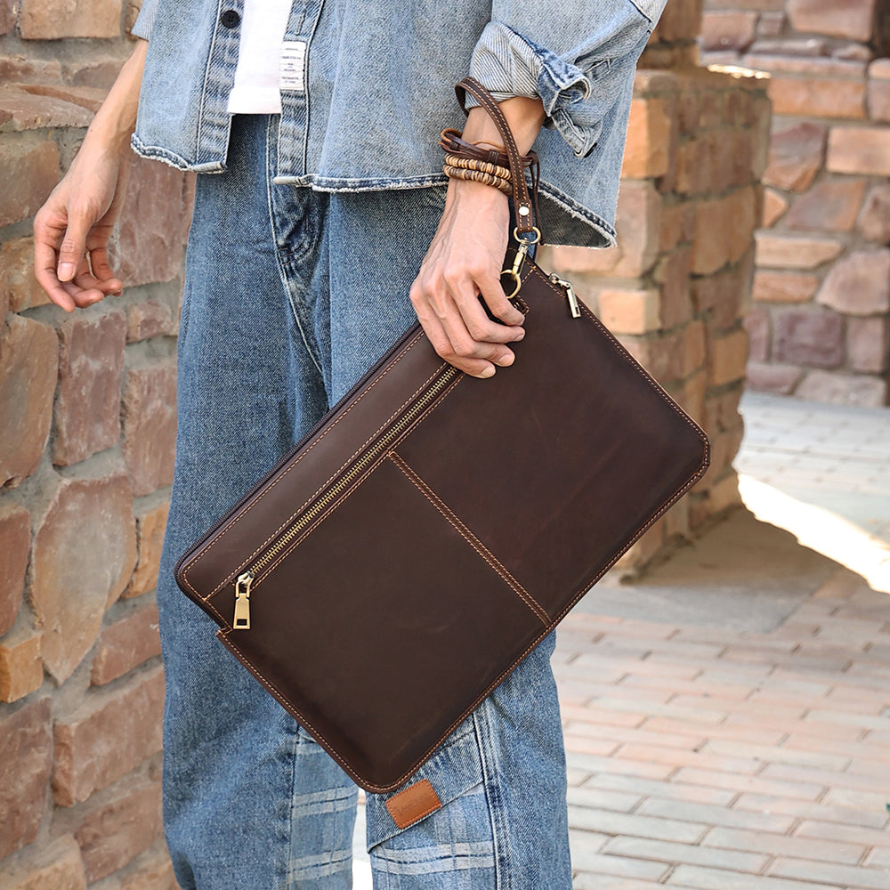 14-inch Laptop Bag Cowhide Leather Smooth Zipper Notebook Carrying Pouch with Hand Strap - Coffee
