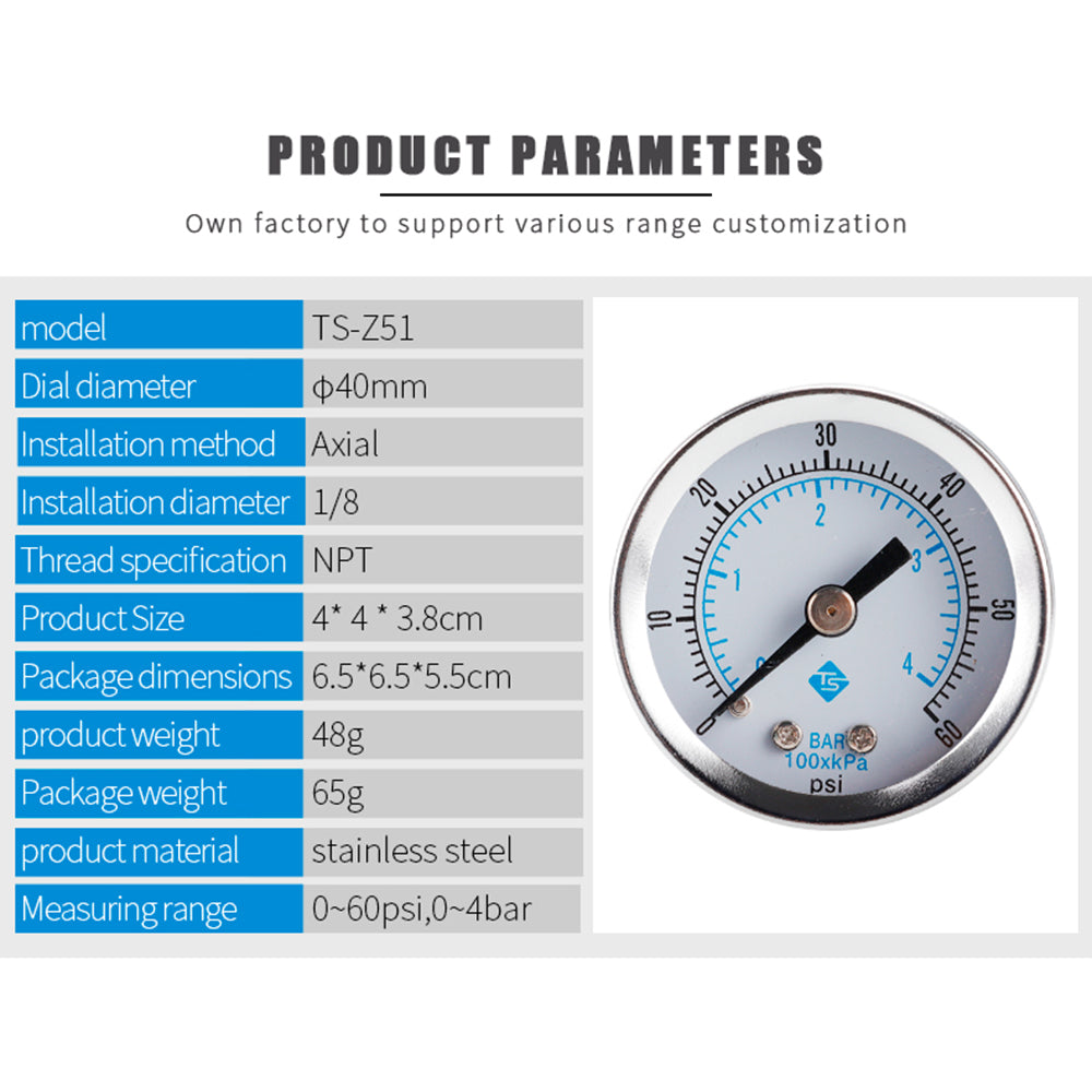 TS-Z51 Dual Scale Economic Pressure Gauge Water Pressure Gauge Stainless Steel 1 / 8inch NPT Lower Mount