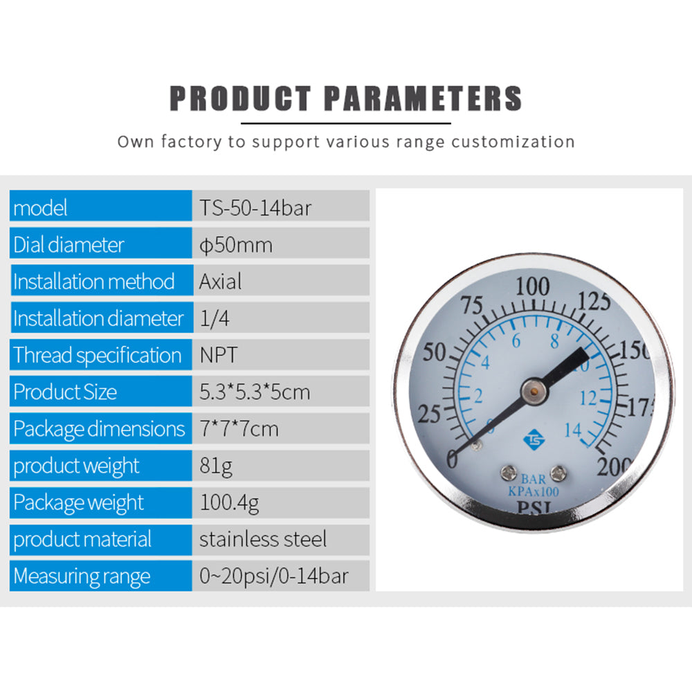 TS-50-14bar 0-200 PSI Test Range Oil Pressure Gauge 1 / 4inch NPT Bottom Mount Pressure Gauge Dual Scale Water Pressure Gauge