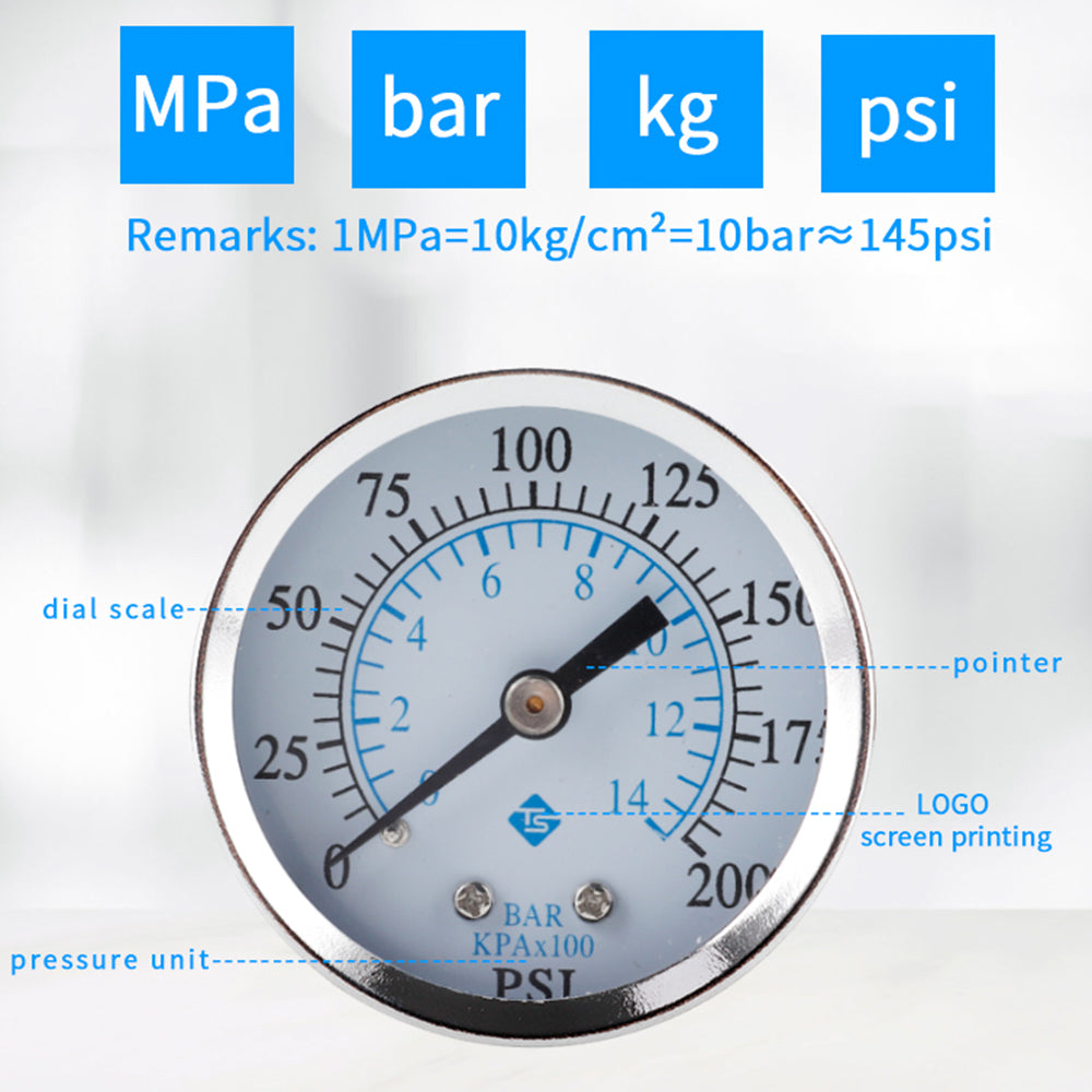 TS-50-14bar 0-200 PSI Test Range Oil Pressure Gauge 1 / 4inch NPT Bottom Mount Pressure Gauge Dual Scale Water Pressure Gauge