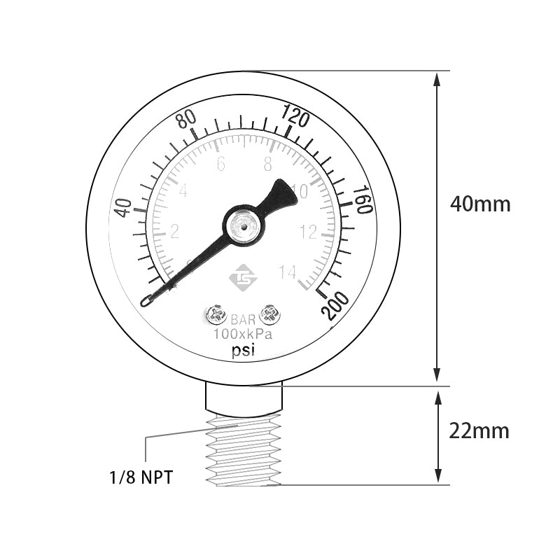 TS-40-14bar Water Oil Pressure Gauge 0-200 PSI Test Range Pressure Gauge Dual Scale Gas Pressure Gauge with 1 / 8inch NPT Bottom Mount