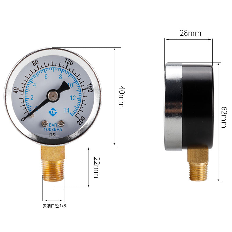 TS-40-14bar Water Oil Pressure Gauge 0-200 PSI Test Range Pressure Gauge Dual Scale Gas Pressure Gauge with 1 / 8inch NPT Bottom Mount