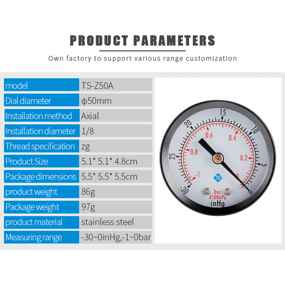 TS-Z50A Dual Scale Water Pressure Gauge Vacuum 1 / 8inch ZG Mount Gas Oil Pressure Gauge