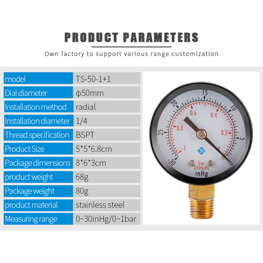 TS-50-1+1 Instrument 1 / 4inch BSPT Thread Mount Gas Water Pressure Gauge Stainless Steel Case Dry Vacuum -30inHg / 0