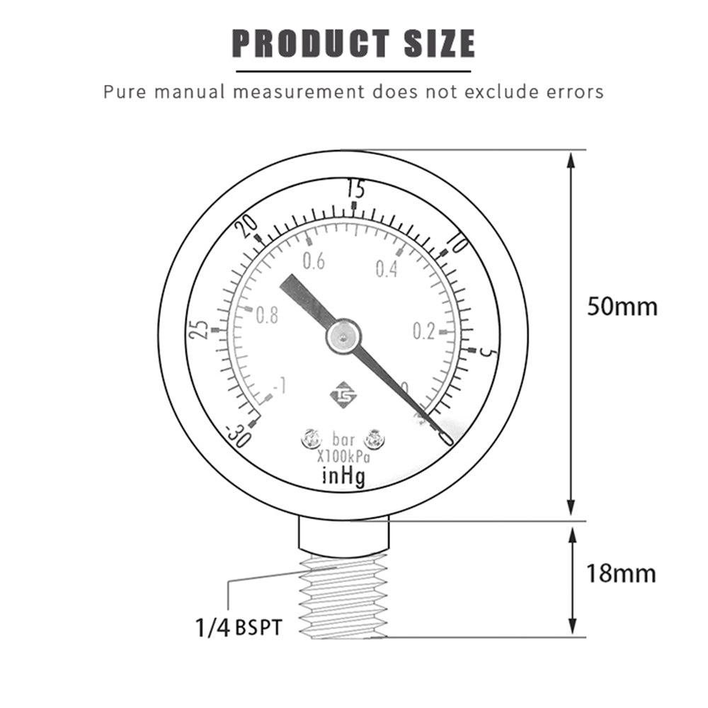 TS-50-1+1 Instrument 1 / 4inch BSPT Thread Mount Gas Water Pressure Gauge Stainless Steel Case Dry Vacuum -30inHg / 0
