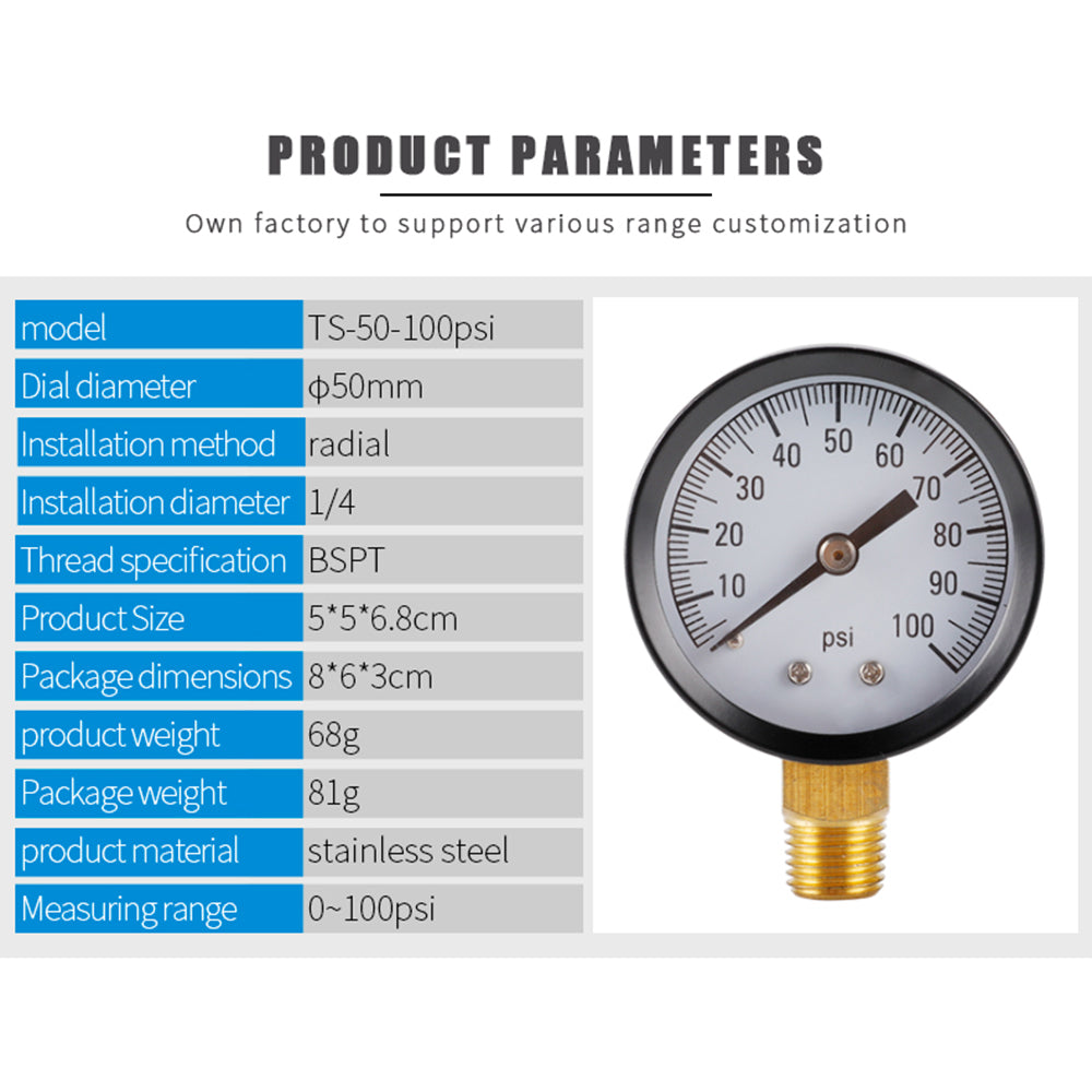 TS-50-100PSI 0-100PSI Radial Air Pressure Gauge Hydraulic Oil Pressure Gauge Water Pressure Meter