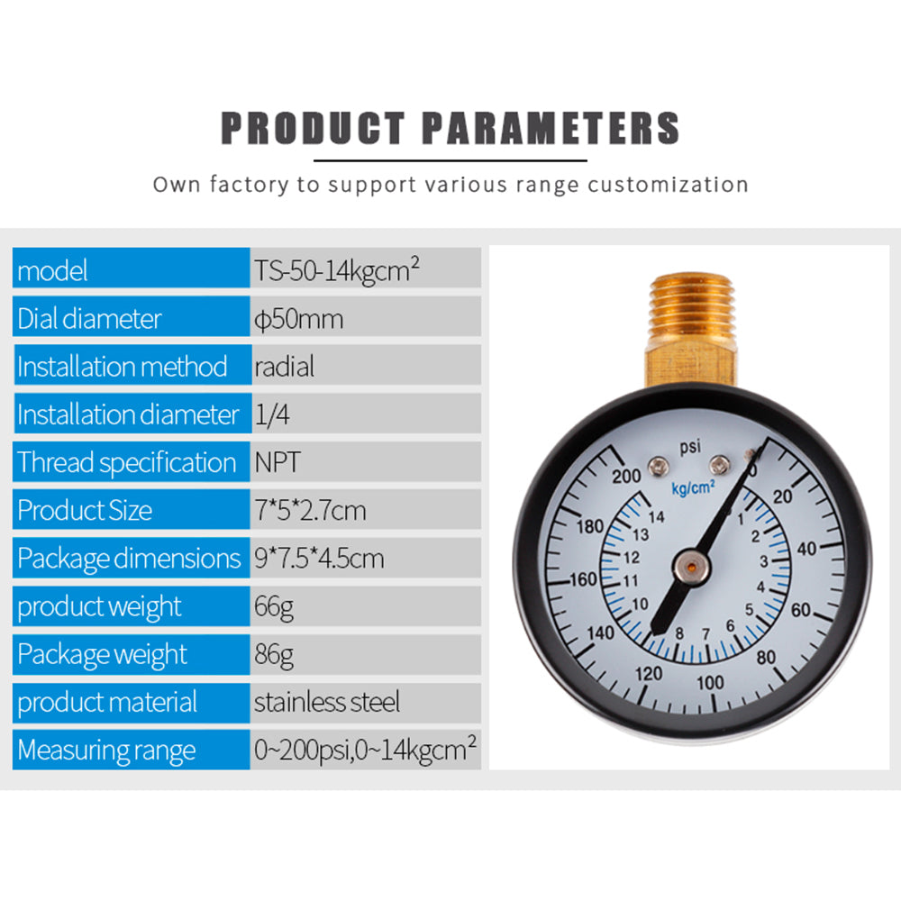 TS-50-14kg / cm2 50mm Dial Gas Pressure Gauge Stainless Steel Dual Scale Oil Water Pressure Gauge with 1 / 4inch NPT Mount
