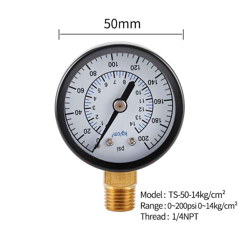 TS-50-14kg / cm2 50mm Dial Gas Pressure Gauge Stainless Steel Dual Scale Oil Water Pressure Gauge with 1 / 4inch NPT Mount