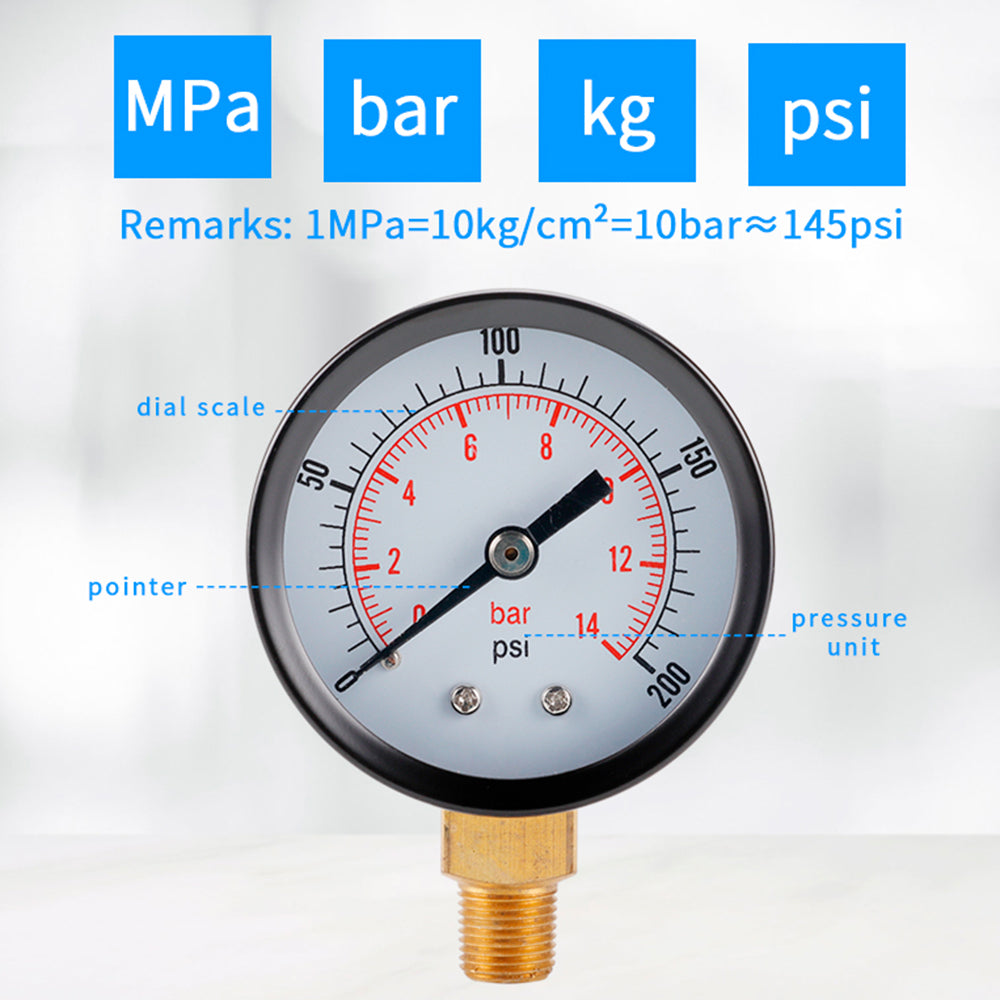 TS-Z52 0-200 PSI / 0-14 Bar Range Gas Pressure Gauge Stainless Steel Dual Scale Multipurpose Oil Water Pressure Gauge