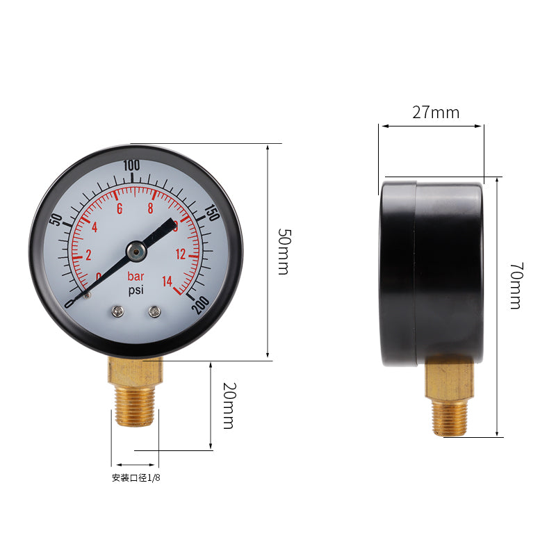 TS-Z52 0-200 PSI / 0-14 Bar Range Gas Pressure Gauge Stainless Steel Dual Scale Multipurpose Oil Water Pressure Gauge