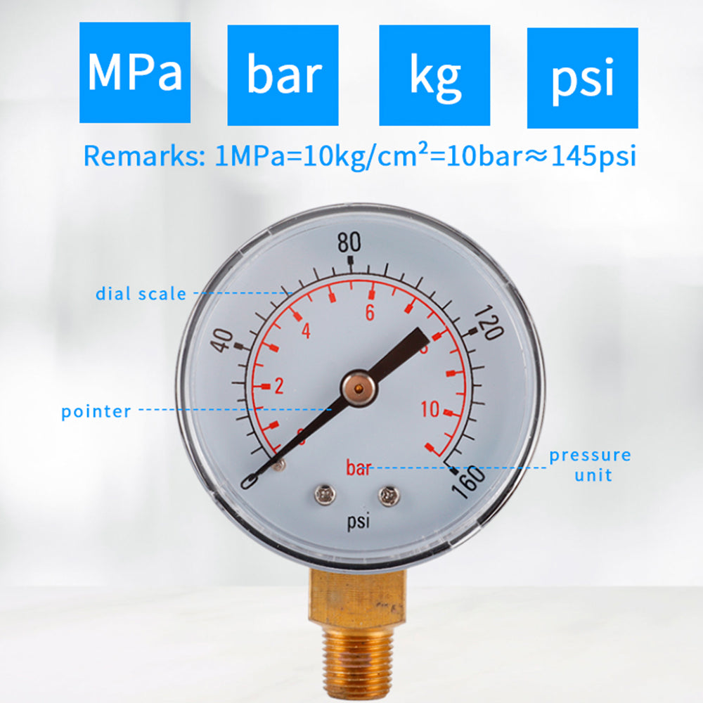 TS-Z53 Water Pressure Gauge Dual Scale Gas Pressure Gauge 0-160 PSI / 0-11 Bar Test Range Oil Pressure Gauge