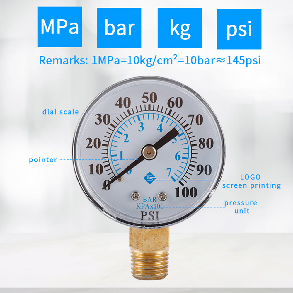 TS-Z54 0-100 PSI / 0-7 Bar Dual Scale Pressure Gauge Pool Filter Aquarium Water Air Gas Pressure Gauge Meter 1 / 4 NPT Bottom Mount