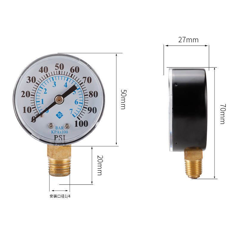 TS-Z54 0-100 PSI / 0-7 Bar Dual Scale Pressure Gauge Pool Filter Aquarium Water Air Gas Pressure Gauge Meter 1 / 4 NPT Bottom Mount