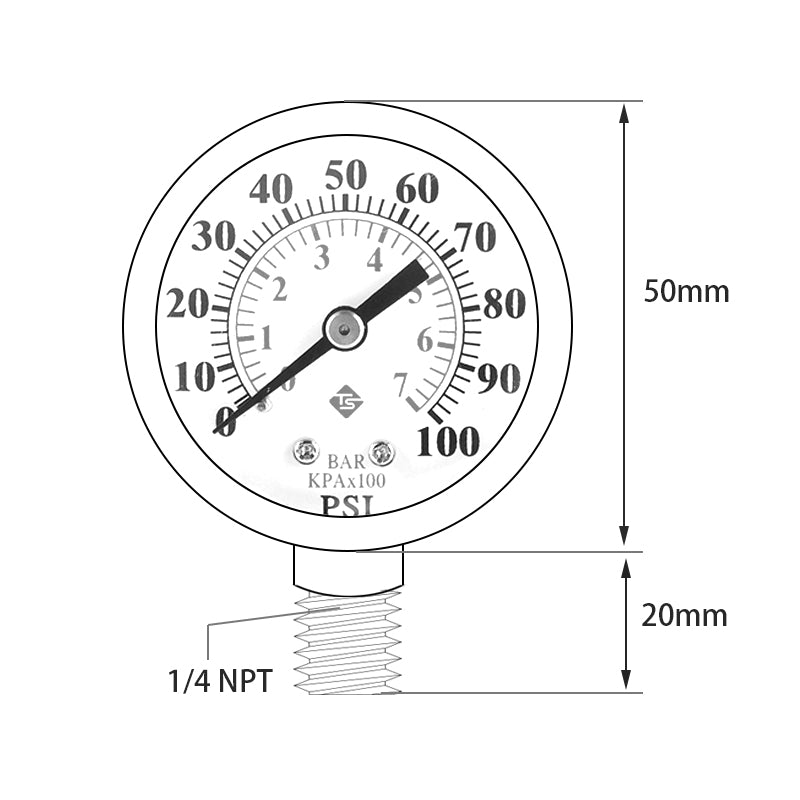 TS-Z54 0-100 PSI / 0-7 Bar Dual Scale Pressure Gauge Pool Filter Aquarium Water Air Gas Pressure Gauge Meter 1 / 4 NPT Bottom Mount