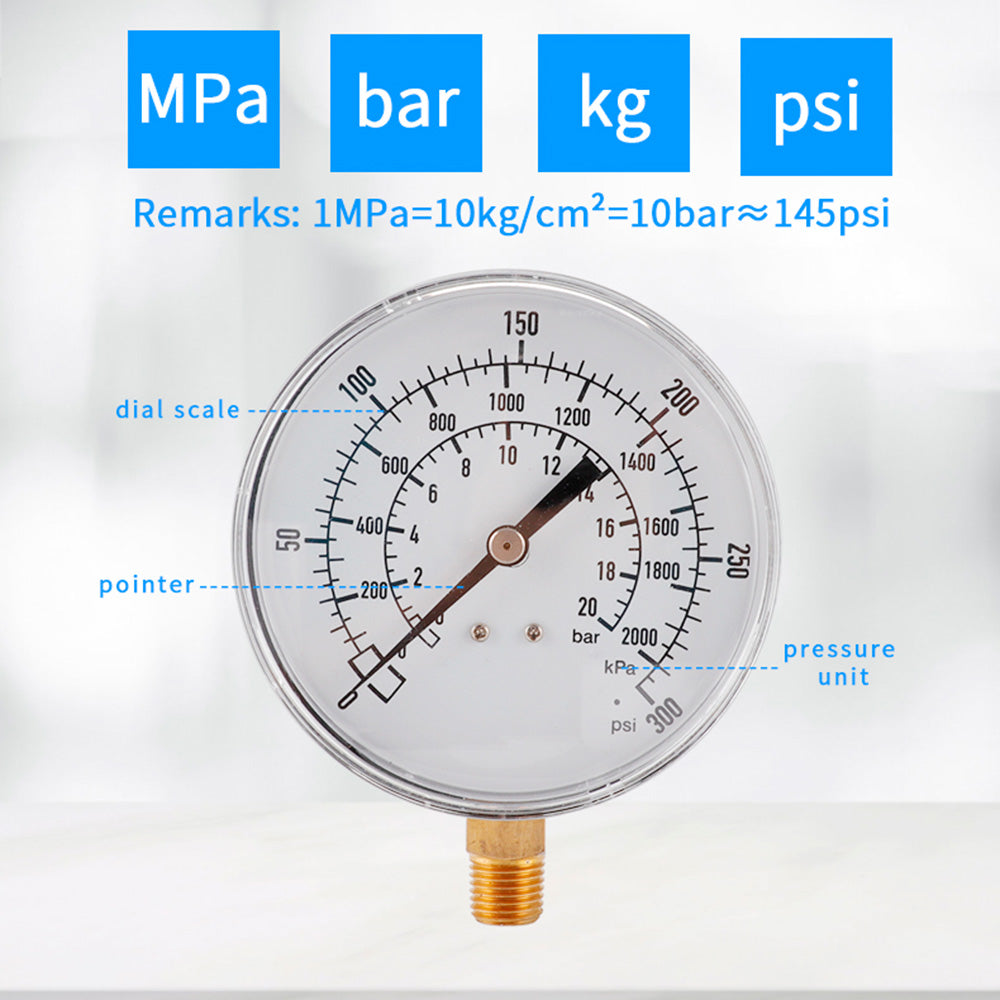 TS-Y90 90mm Large Dial Oil Gas Pressure Gauge 0-300 PSI / 0-2000 KPA / 0-20 Bar Water Pressure Gauge
