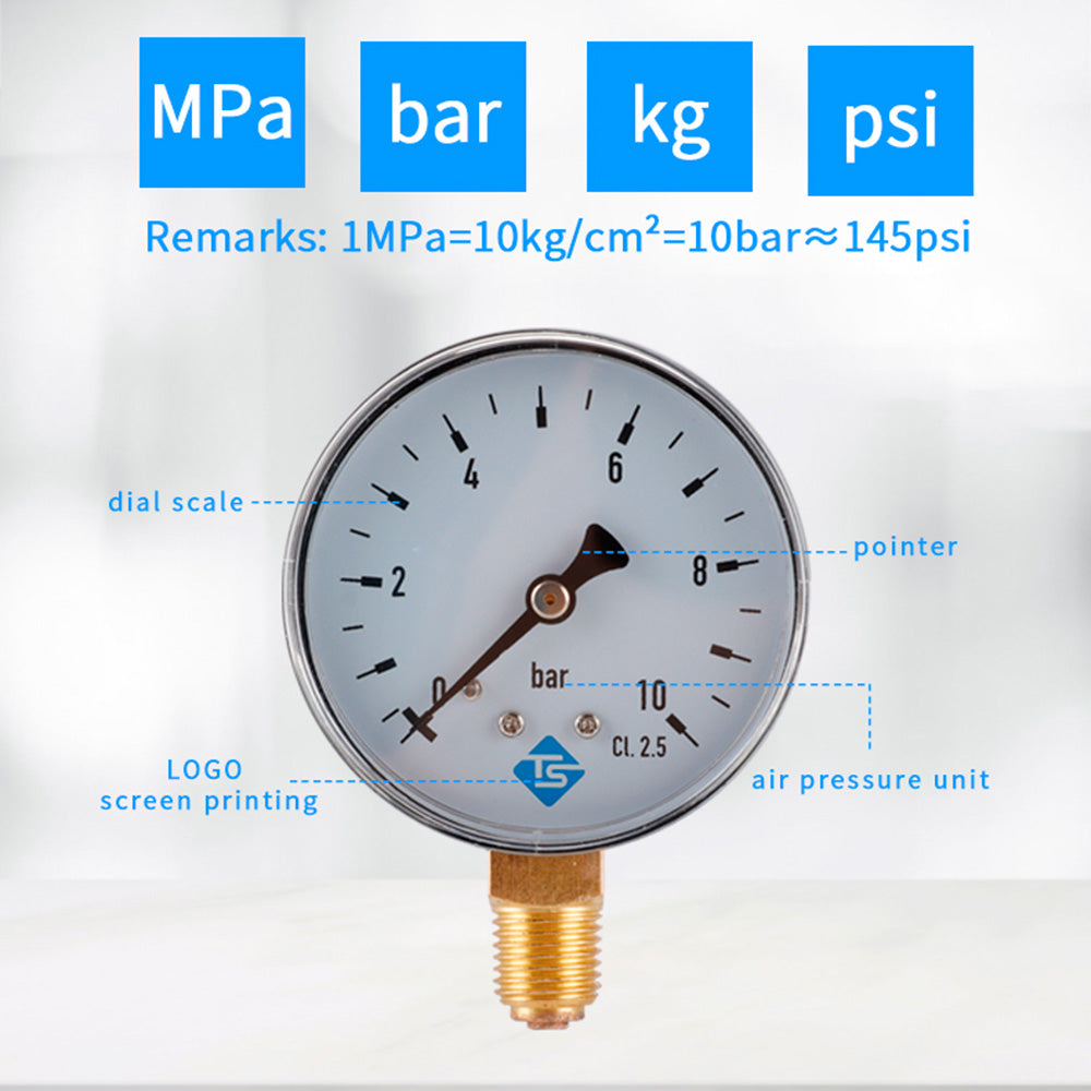 TS-60-10bar 60mm Dial Pressure Gauge 0-10 Bar Water  /  Gas  /  Air Pressure Measurement Tool with 1  /  4 NPT Bottom Mount