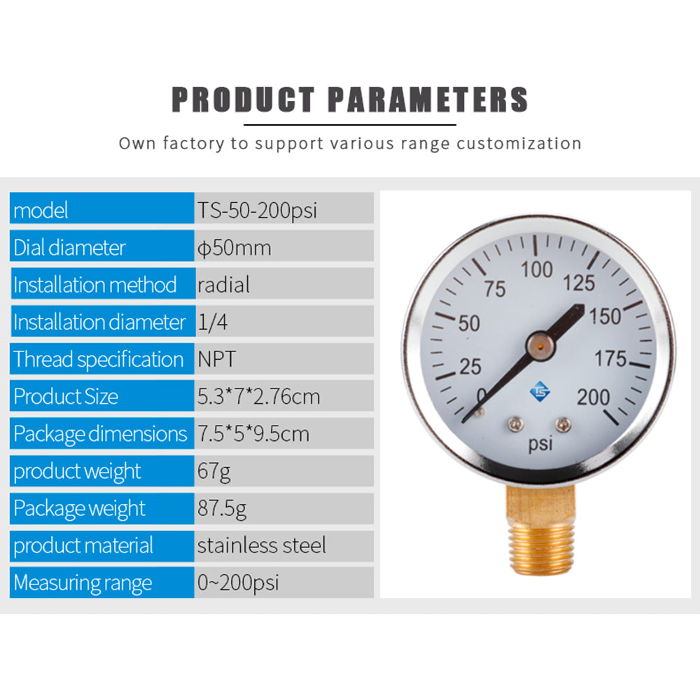 TS-50-200psi Pressure Gauge Vacuum Water Pressure Gauge 0-200 PSI Test Range Oil Pressure Gauge with 1 / 4inch NPT Bottom Mount