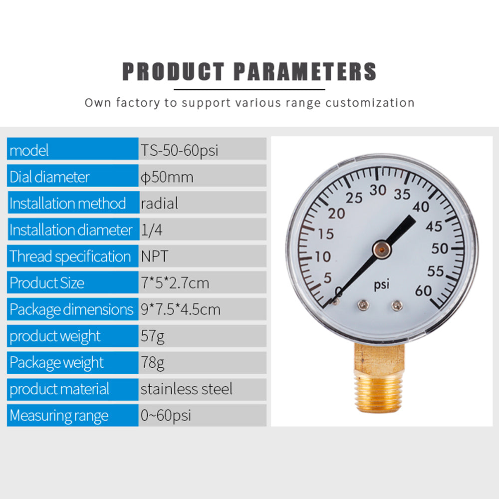 TS-50-60PSI Radial Air Water Pressure Gauge 0-60PSI Hydraulic Oil Pressure Meter Gauge