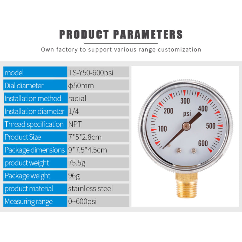 TS-Y50-600psi Dual Scale Water Vacuum Pressure Gauge High Precision Gas Air Pressure Gauge 1 / 4inch NPT Bottom Mount