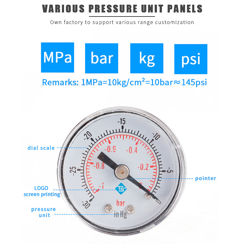 TS-YZ40Z8-30inhg High Precision Water Pressure Gauge Vacuum Gas Oil Pressure Gauge with Dual Scale -30-0 inHg  /  -1-0 Bar