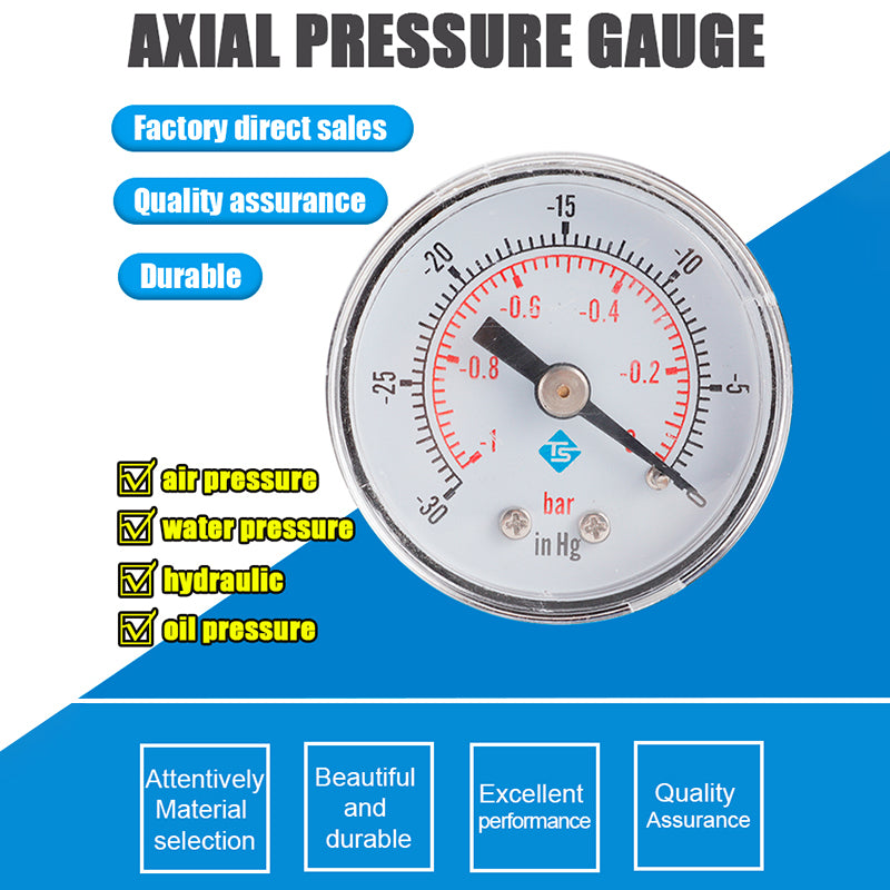 TS-YZ40Z8-30inhg High Precision Water Pressure Gauge Vacuum Gas Oil Pressure Gauge with Dual Scale -30-0 inHg  /  -1-0 Bar