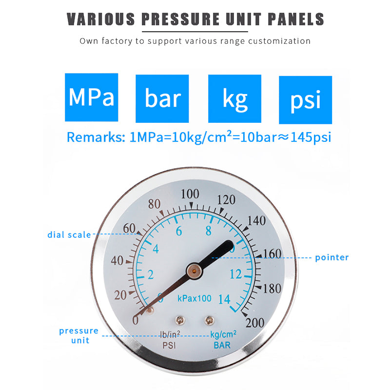 TS-Y60Z8-14kg / cm2 60mm Dial Gas Pressure Gauge Stainless Steel Dual Scale Oil Water Pressure Gauge with 1 / 8inch NPT Mount